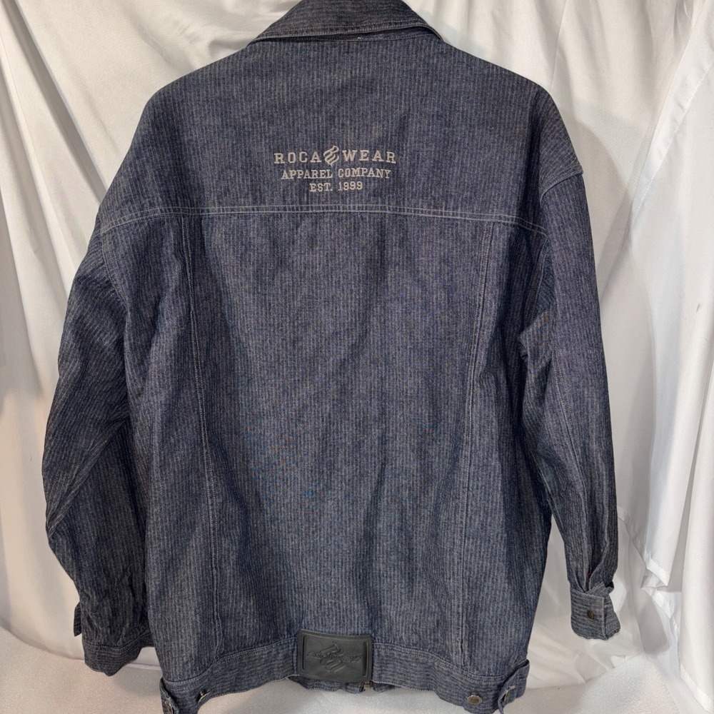 Vintage Rocawear Mens Denim‎ Blue Jean Dark Wash Embroidered Y2K Jacket Size L